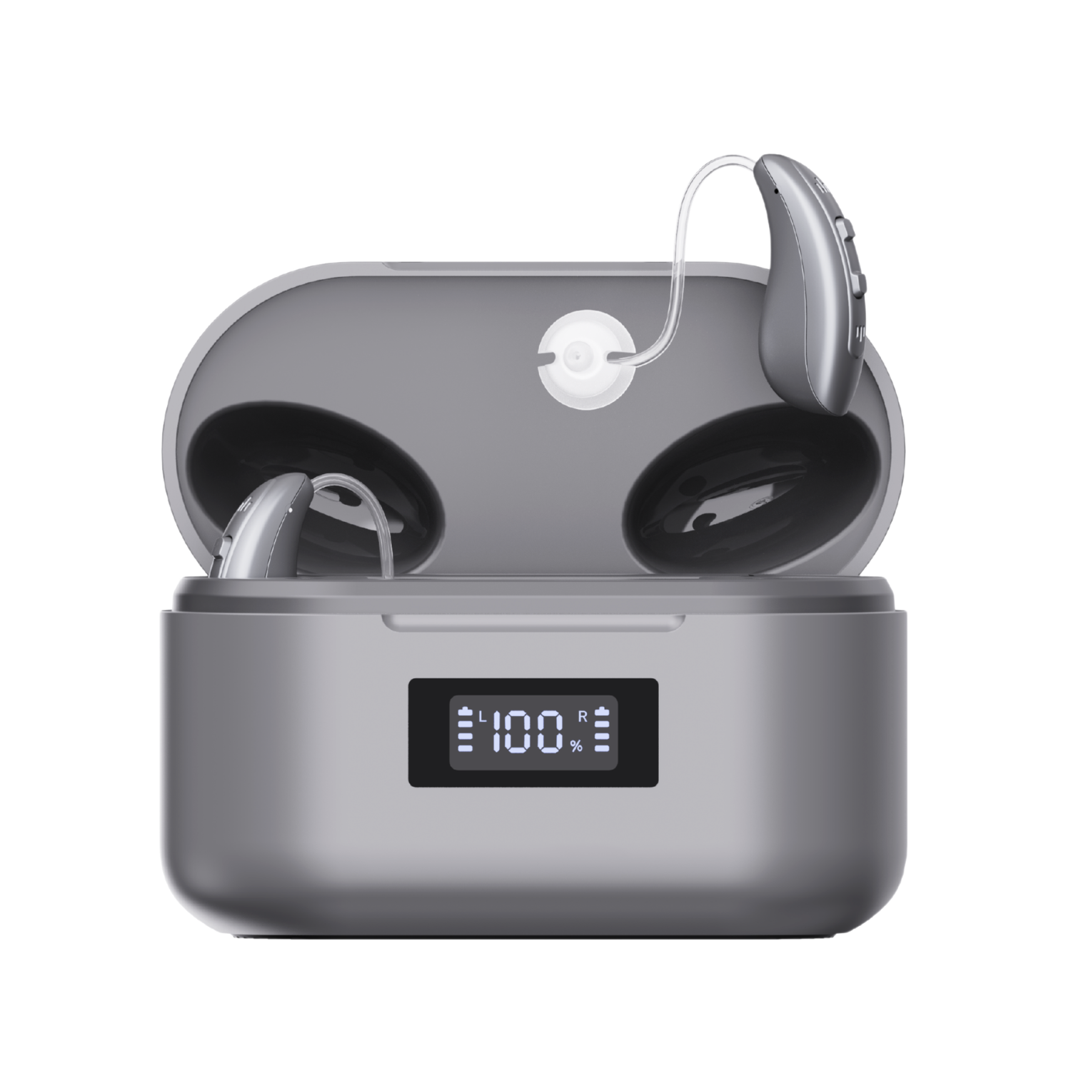 Oricle TrueFit BTE hearing aids in charging case